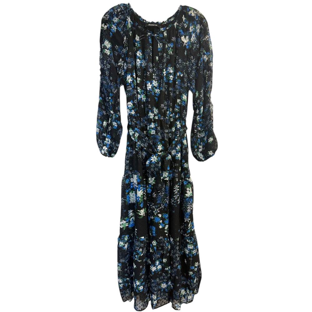 Desigual Floral Midi Dress NWT Black Blue Long Sleeve Boho Size S